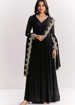 Black Chinon Anarkali Suit With Zardosi Work And Embroidered Dupatta