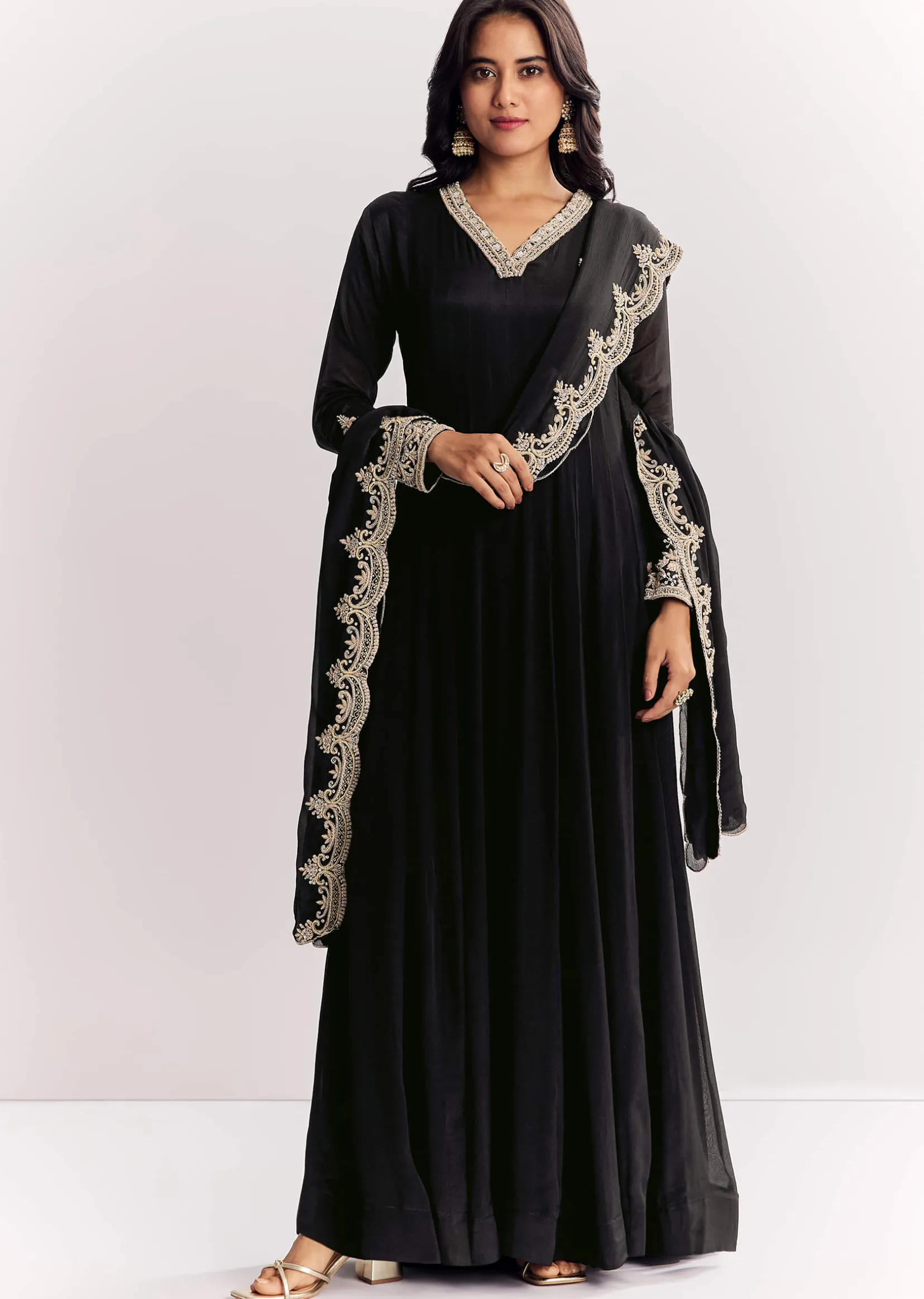Black Chinon Anarkali Suit With Zardosi Work And Embroidered Dupatta