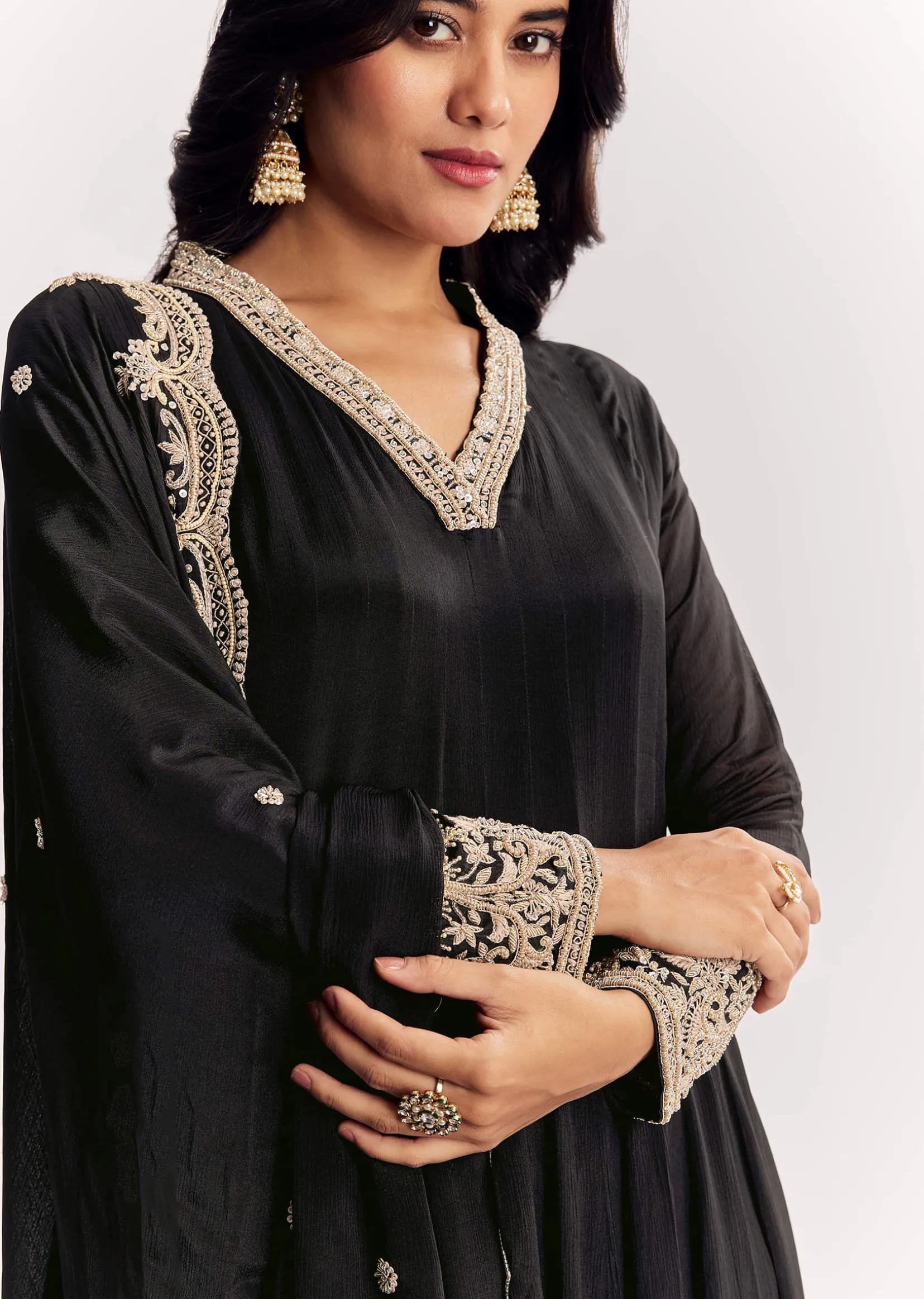 Black Chinon Anarkali Suit With Zardosi Work And Embroidered Dupatta