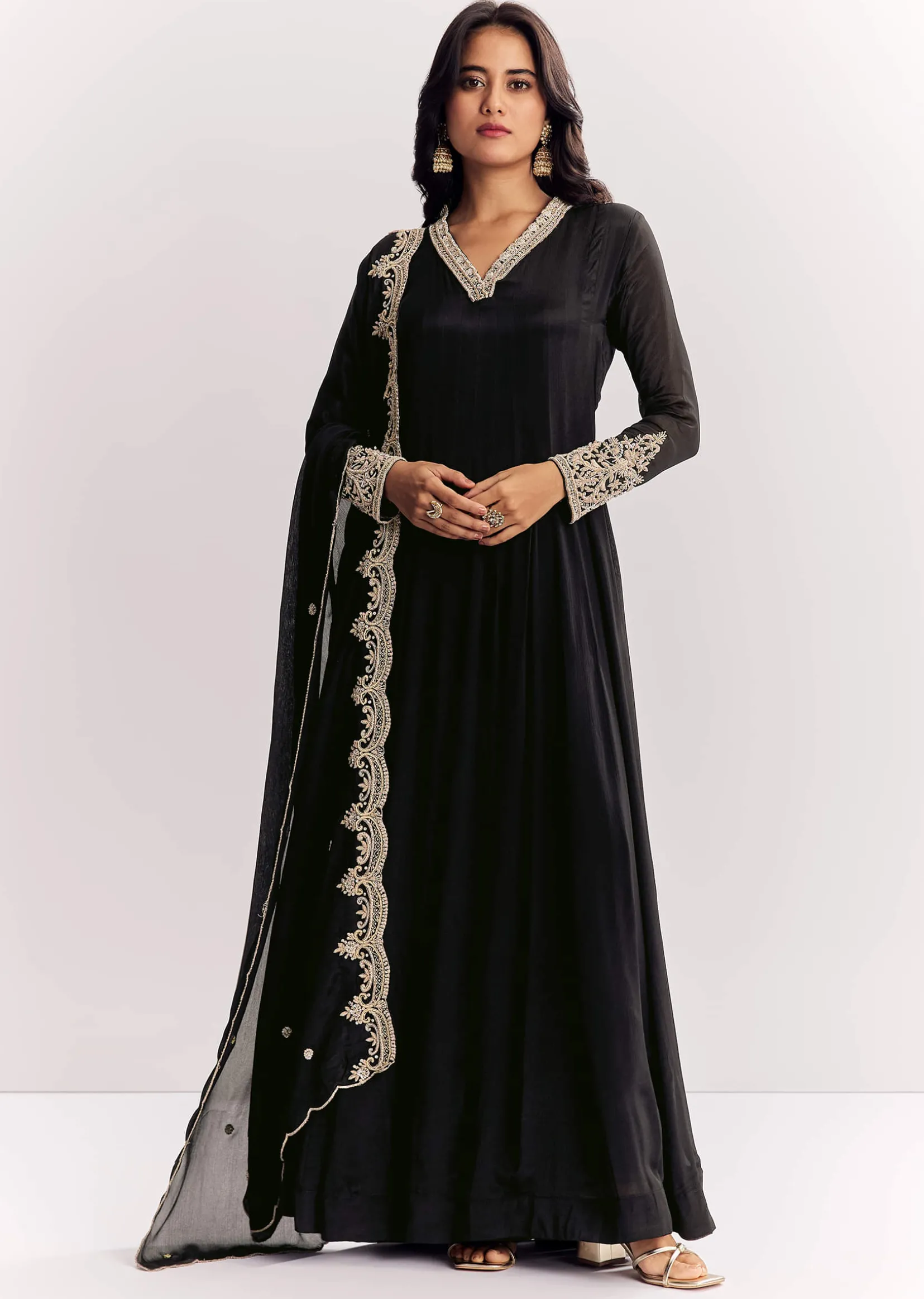 Black Chinon Anarkali Suit With Zardosi Work And Embroidered Dupatta
