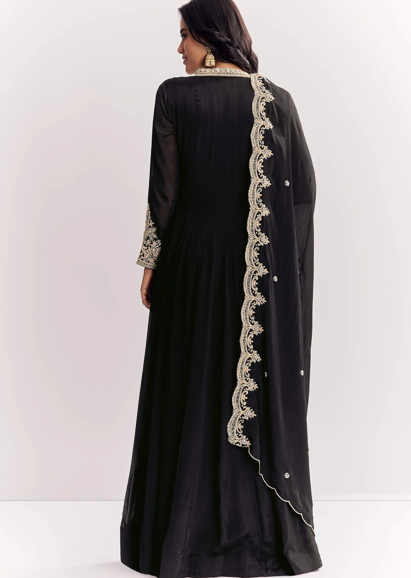 Black Chinon Anarkali Suit With Zardosi Work And Embroidered Dupatta