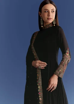 Black Chinon Anarkali With Embroidered Collar And Zari Dupatta