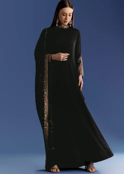 Black Chinon Anarkali With Embroidered Collar And Zari Dupatta