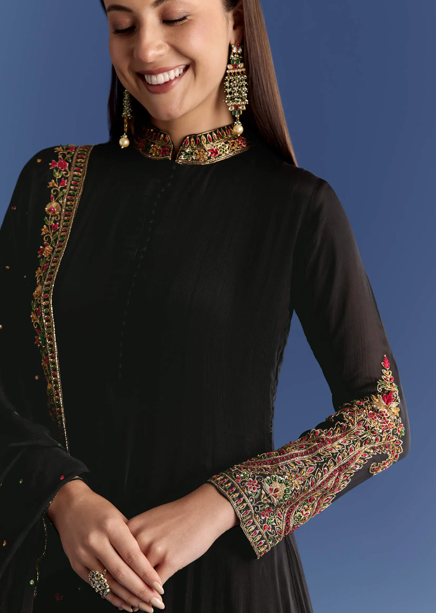 Black Chinon Anarkali With Embroidered Collar And Zari Dupatta