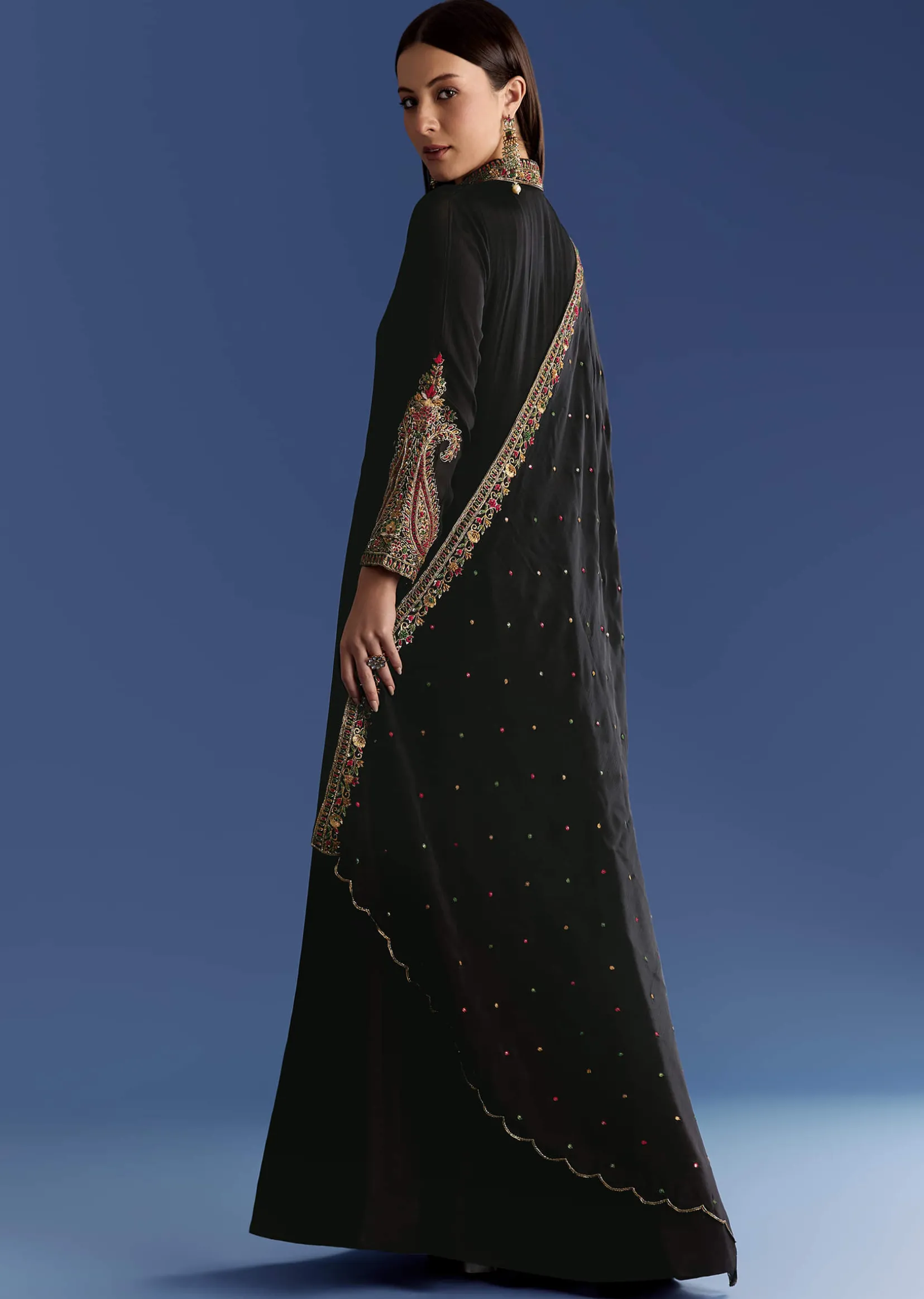 Black Chinon Anarkali With Embroidered Collar And Zari Dupatta