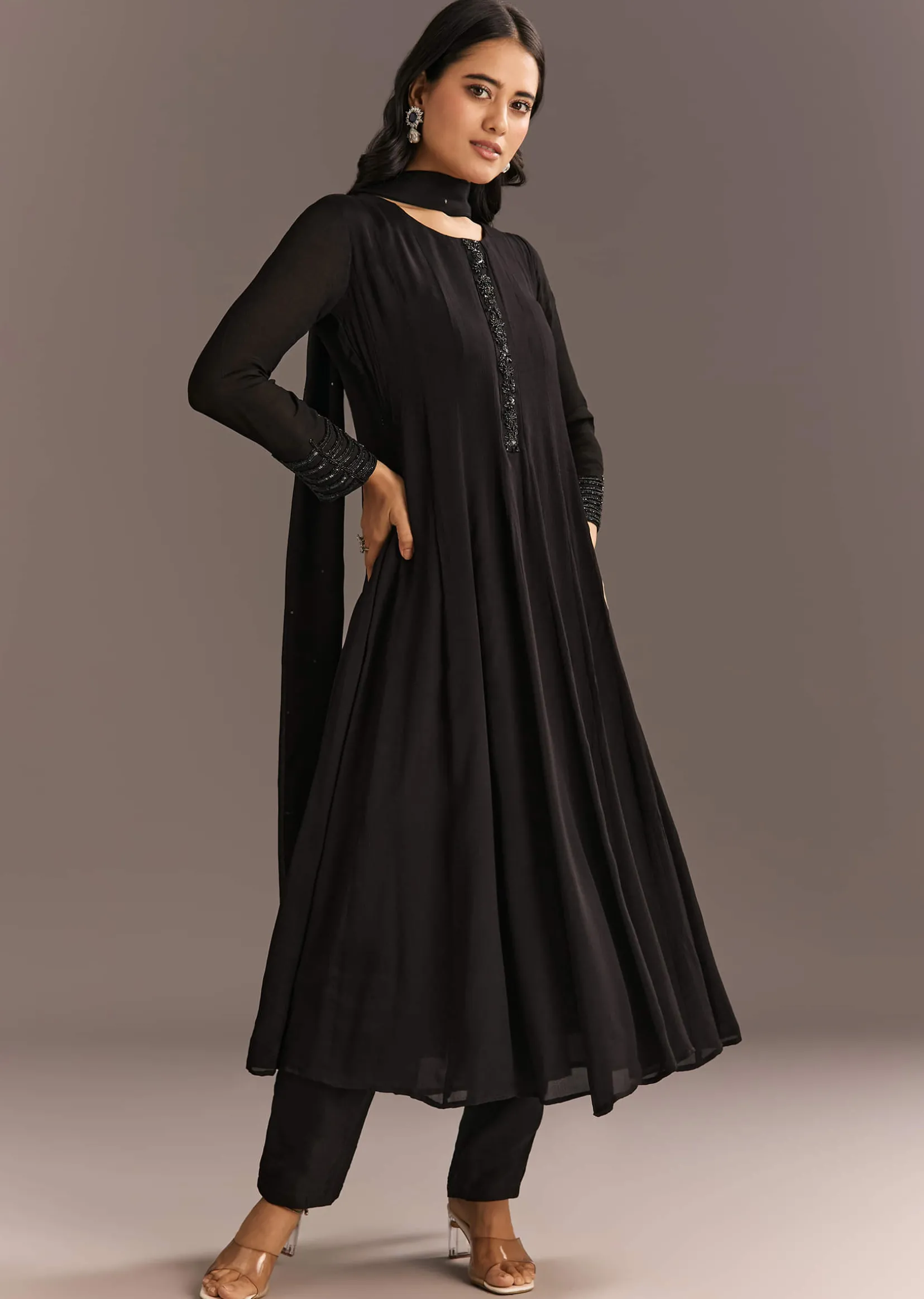 Black Chinon Beaded Sequin Anarkali Pant With Dupatta