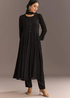 Black Chinon Beaded Sequin Anarkali Pant With Dupatta