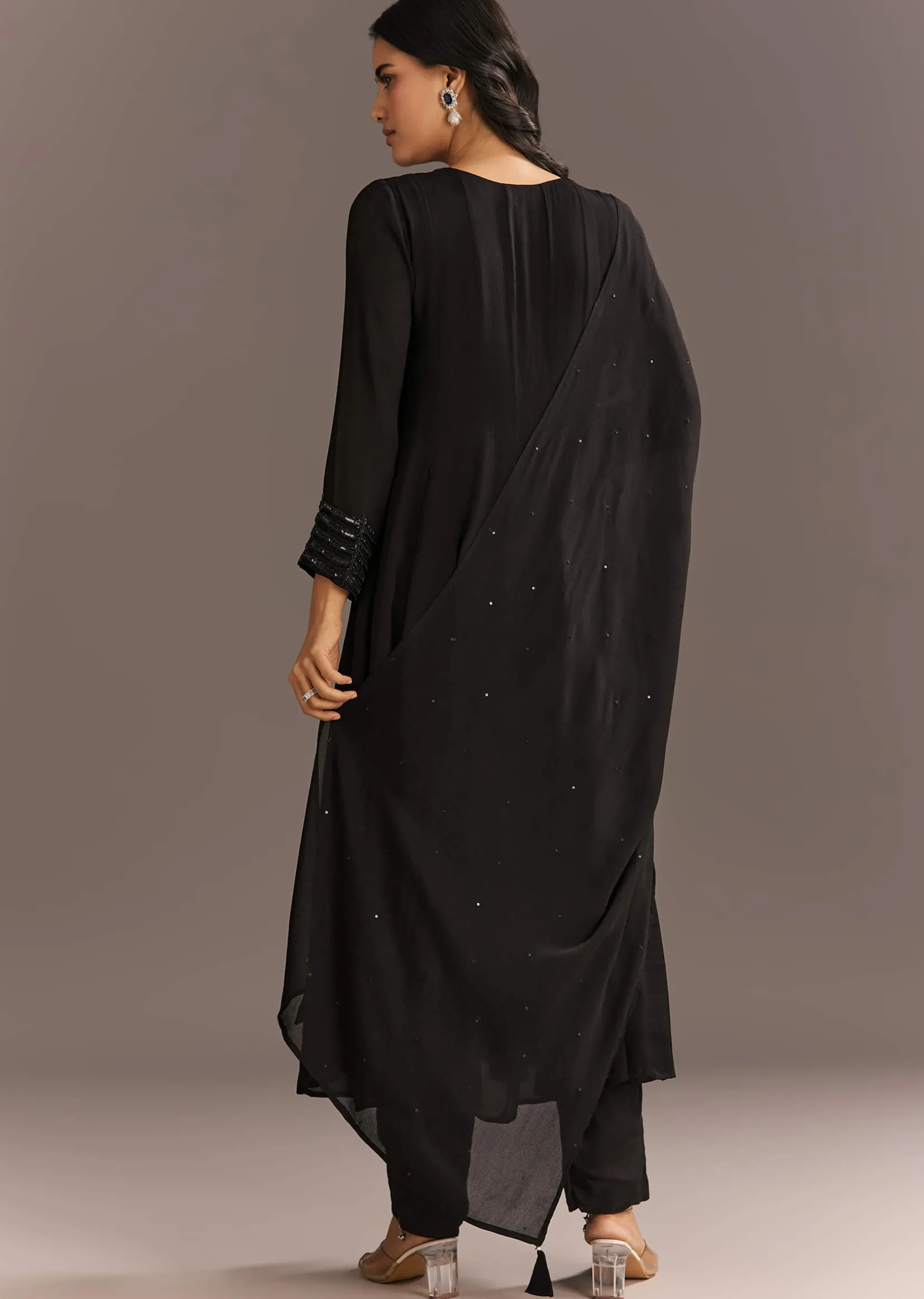 Black Chinon Beaded Sequin Anarkali Pant With Dupatta