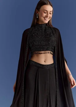 Black Chinon Cape Set With Embroidered Croptop And Skirt