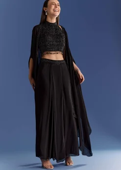 Black Chinon Cape Set With Embroidered Croptop And Skirt