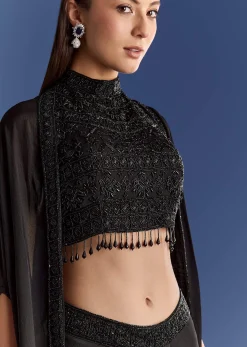 Black Chinon Cape Set With Embroidered Croptop And Skirt