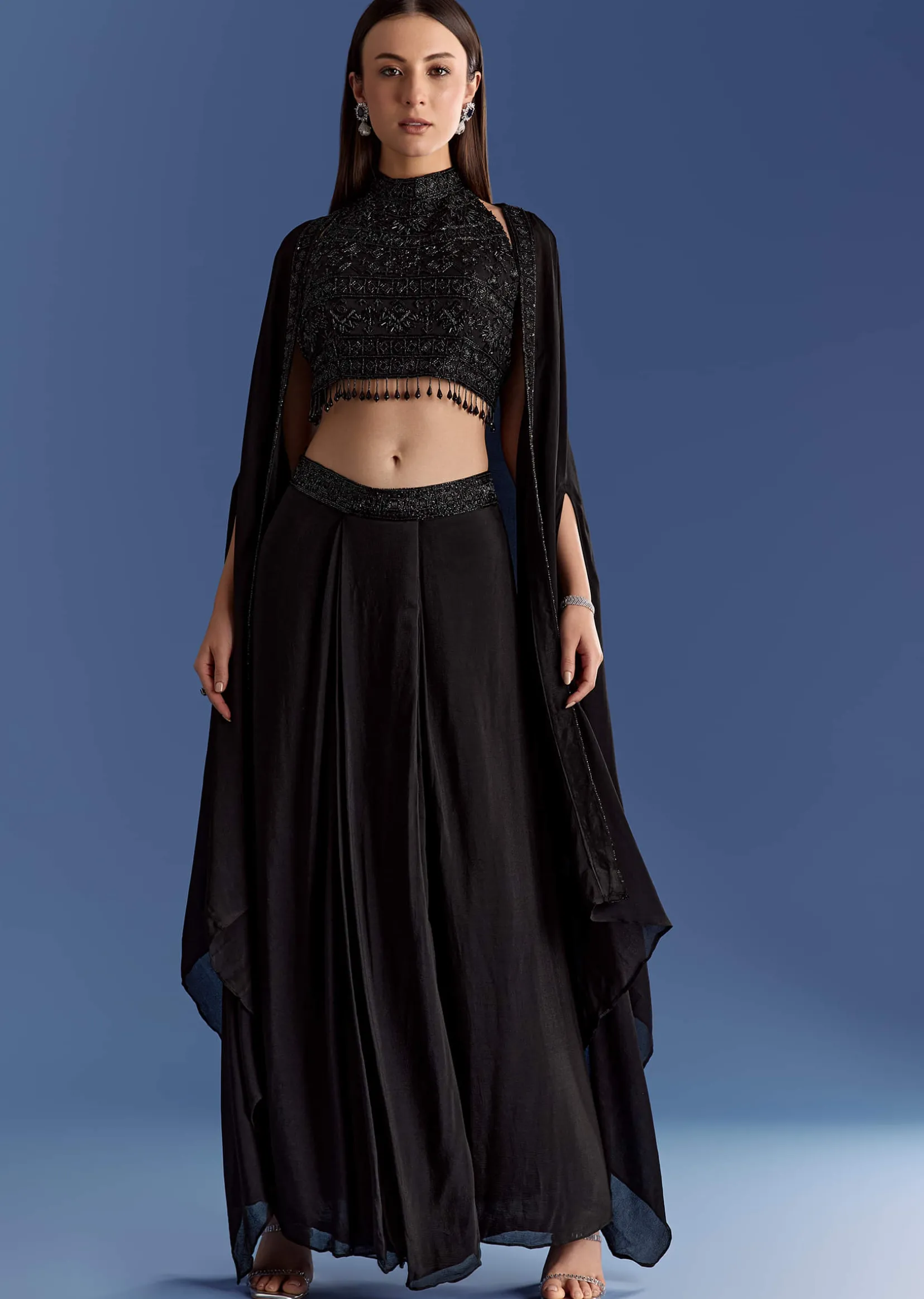 Black Chinon Cape Set With Embroidered Croptop And Skirt
