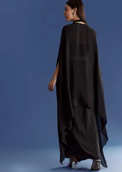 Black Chinon Cape Set With Embroidered Croptop And Skirt