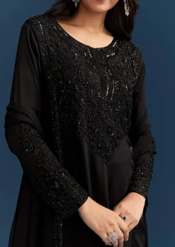 Black Chinon Kurta Set With Sequins And Cut Dana Work