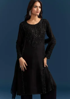 Black Chinon Kurta Set With Sequins And Cut Dana Work