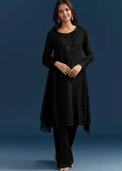 Black Chinon Kurta Set With Sequins And Cut Dana Work