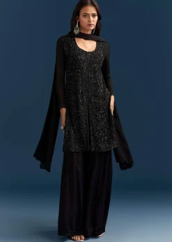 Black Chinon Palazzo Suit With Cut Dana And Sequins Work