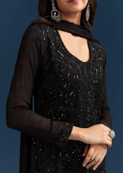 Black Chinon Palazzo Suit With Cut Dana And Sequins Work