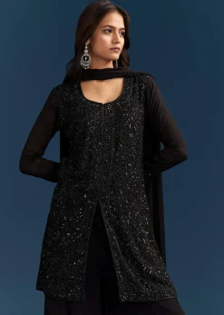 Black Chinon Palazzo Suit With Cut Dana And Sequins Work