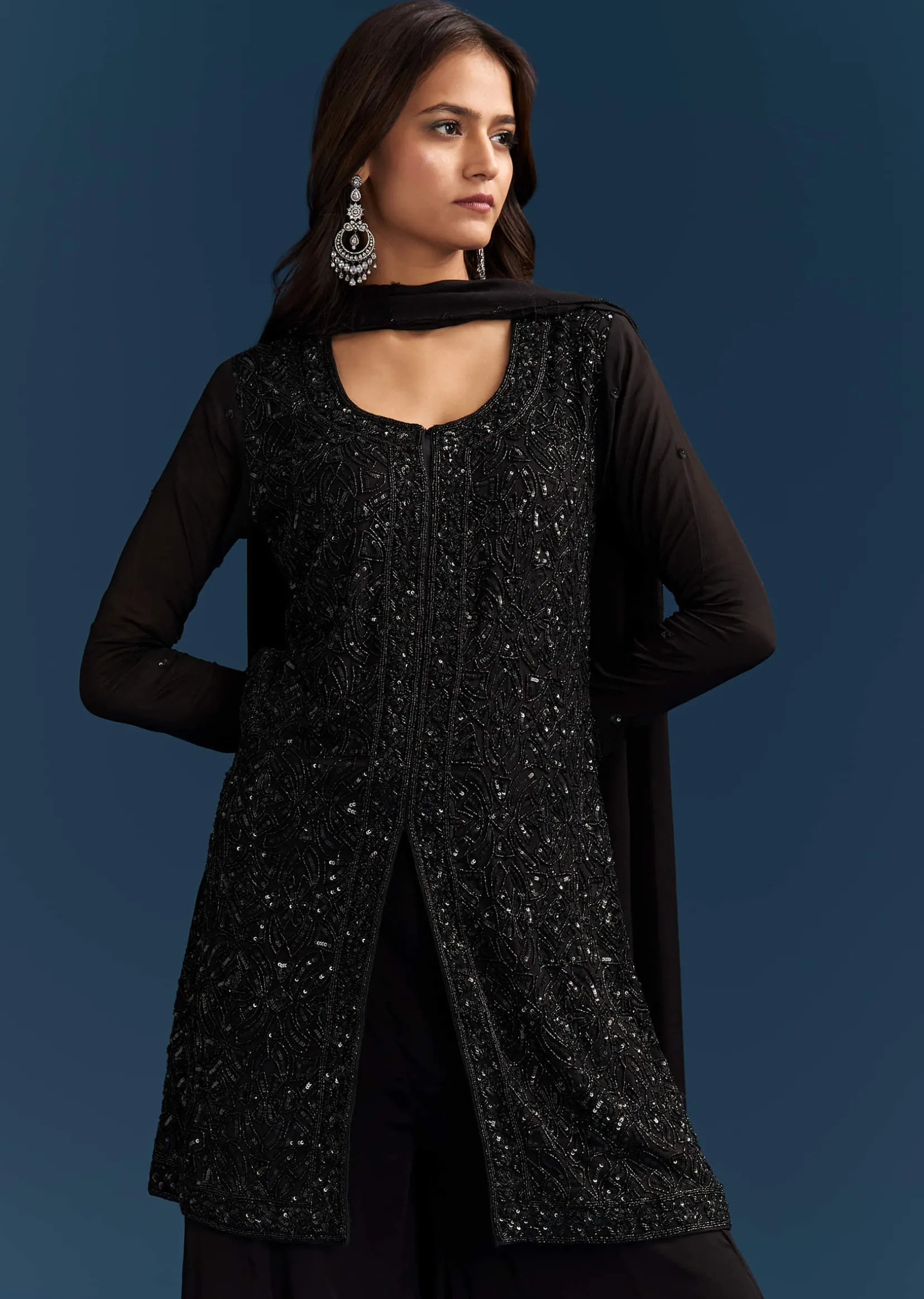 Black Chinon Palazzo Suit With Cut Dana And Sequins Work