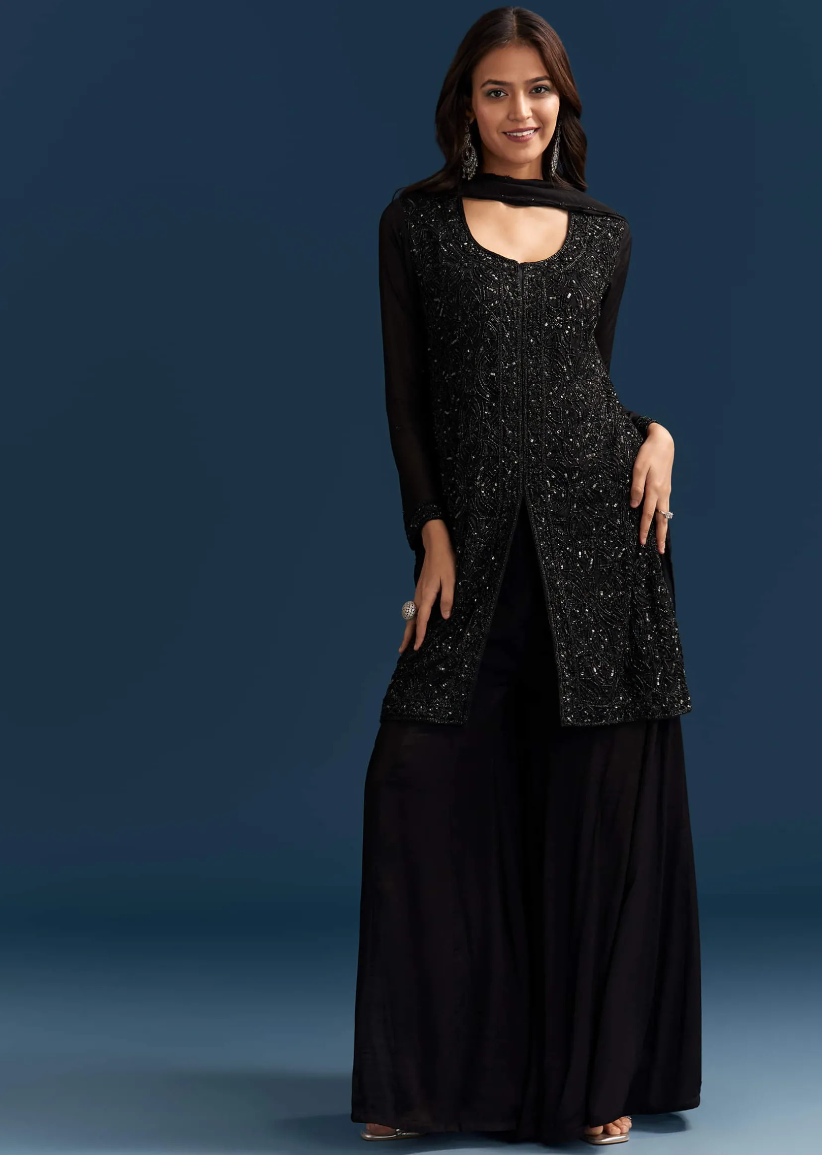 Black Chinon Palazzo Suit With Cut Dana And Sequins Work