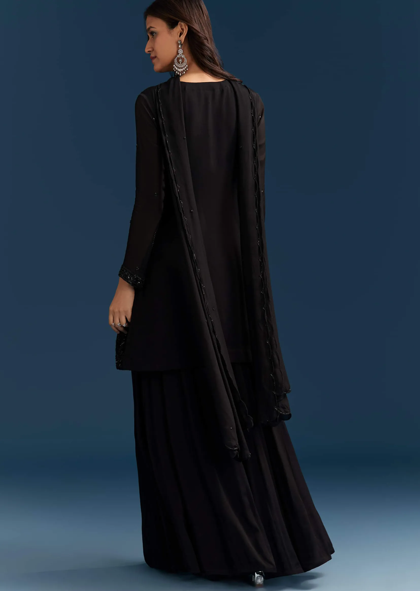Black Chinon Palazzo Suit With Cut Dana And Sequins Work