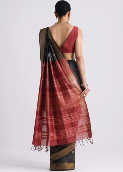 Black Colorblock Spun Silk Saree With Woven Butti Work