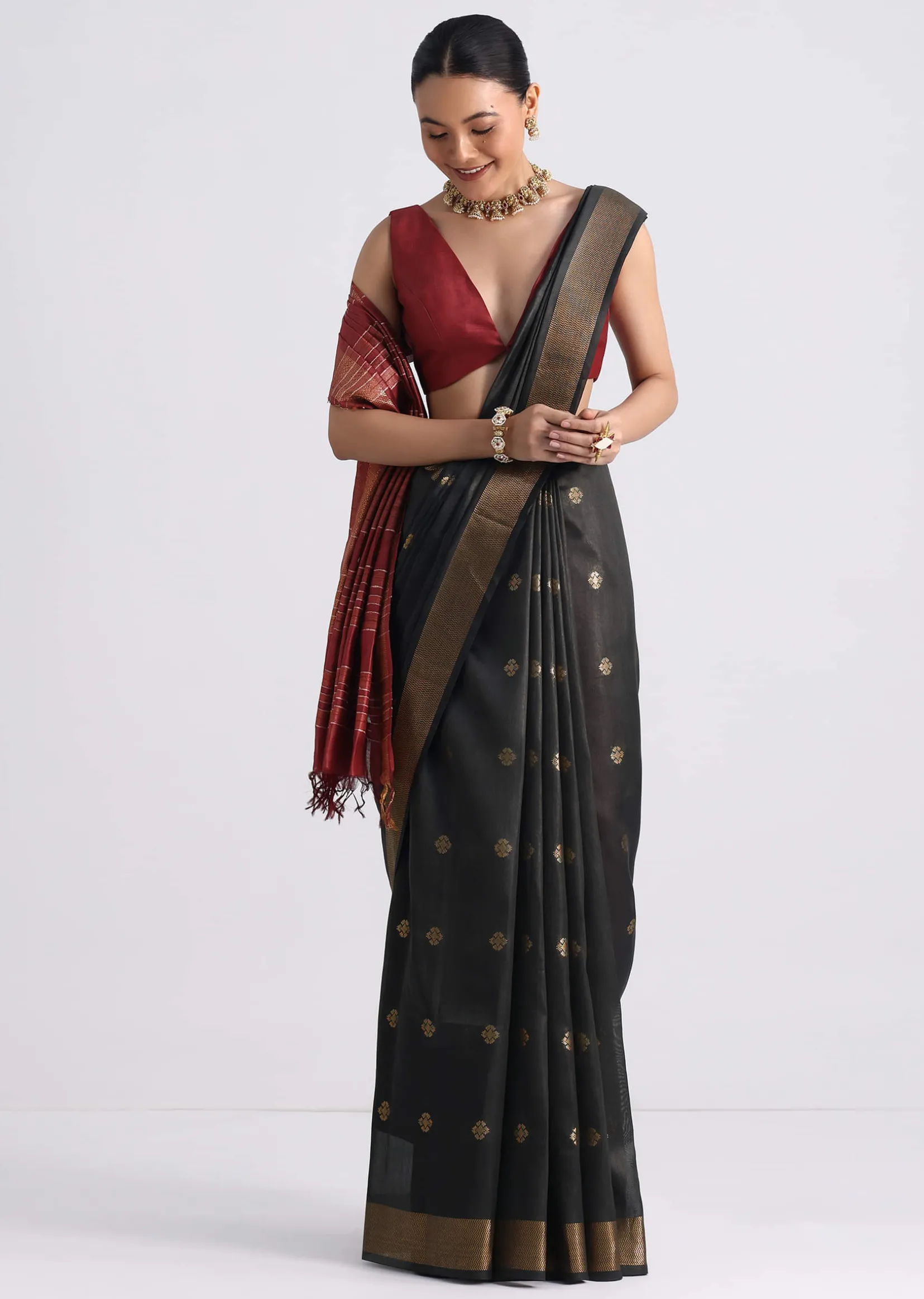 Black Colorblock Spun Silk Saree With Woven Butti Work
