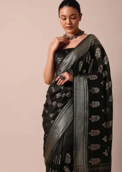Black Cotton Linen Saree With Sequin Work And Unstitched Blouse Piece