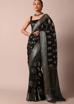 Black Cotton Linen Saree With Sequin Work And Unstitched Blouse Piece