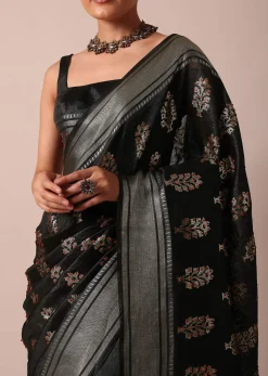 Black Cotton Linen Saree With Sequin Work And Unstitched Blouse Piece