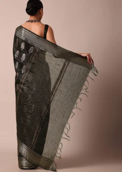 Black Cotton Linen Saree With Sequin Work And Unstitched Blouse Piece