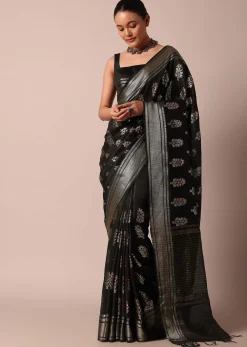 Black Cotton Linen Saree With Sequin Work And Unstitched Blouse Piece