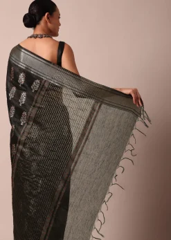 Black Cotton Linen Saree With Sequin Work And Unstitched Blouse Piece