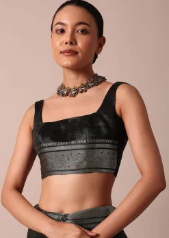 Black Cotton Linen Saree With Sequin Work And Unstitched Blouse Piece