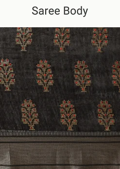 Black Cotton Linen Saree With Sequin Work And Unstitched Blouse Piece