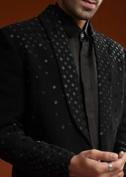 Black Cotton Satin Suit Set With Hand Embroidery