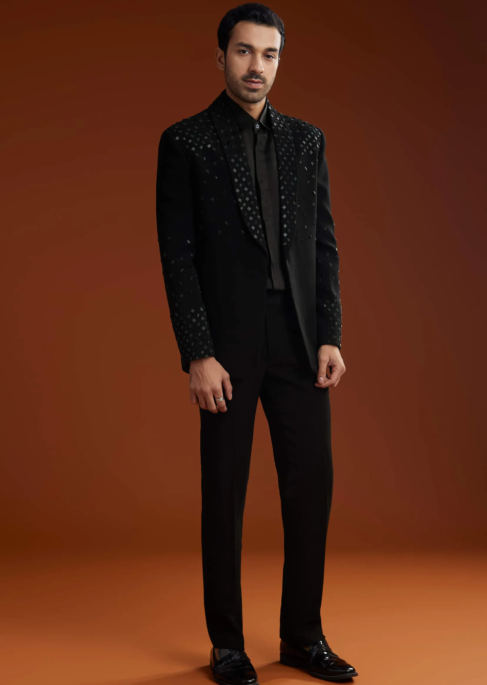 Black Cotton Satin Suit Set With Hand Embroidery