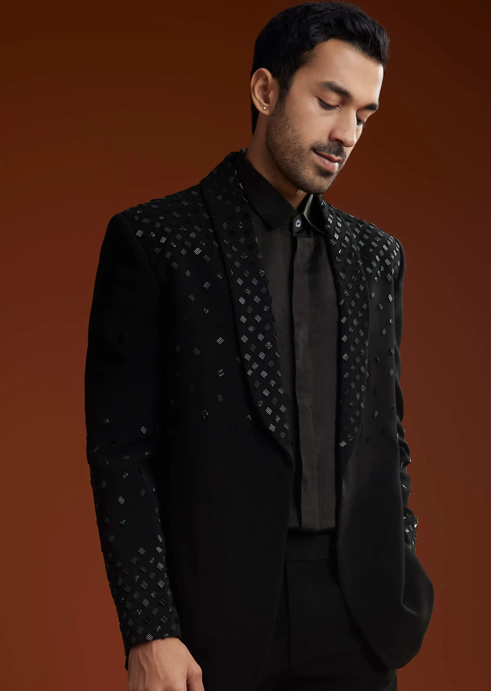 Black Cotton Satin Suit Set With Hand Embroidery