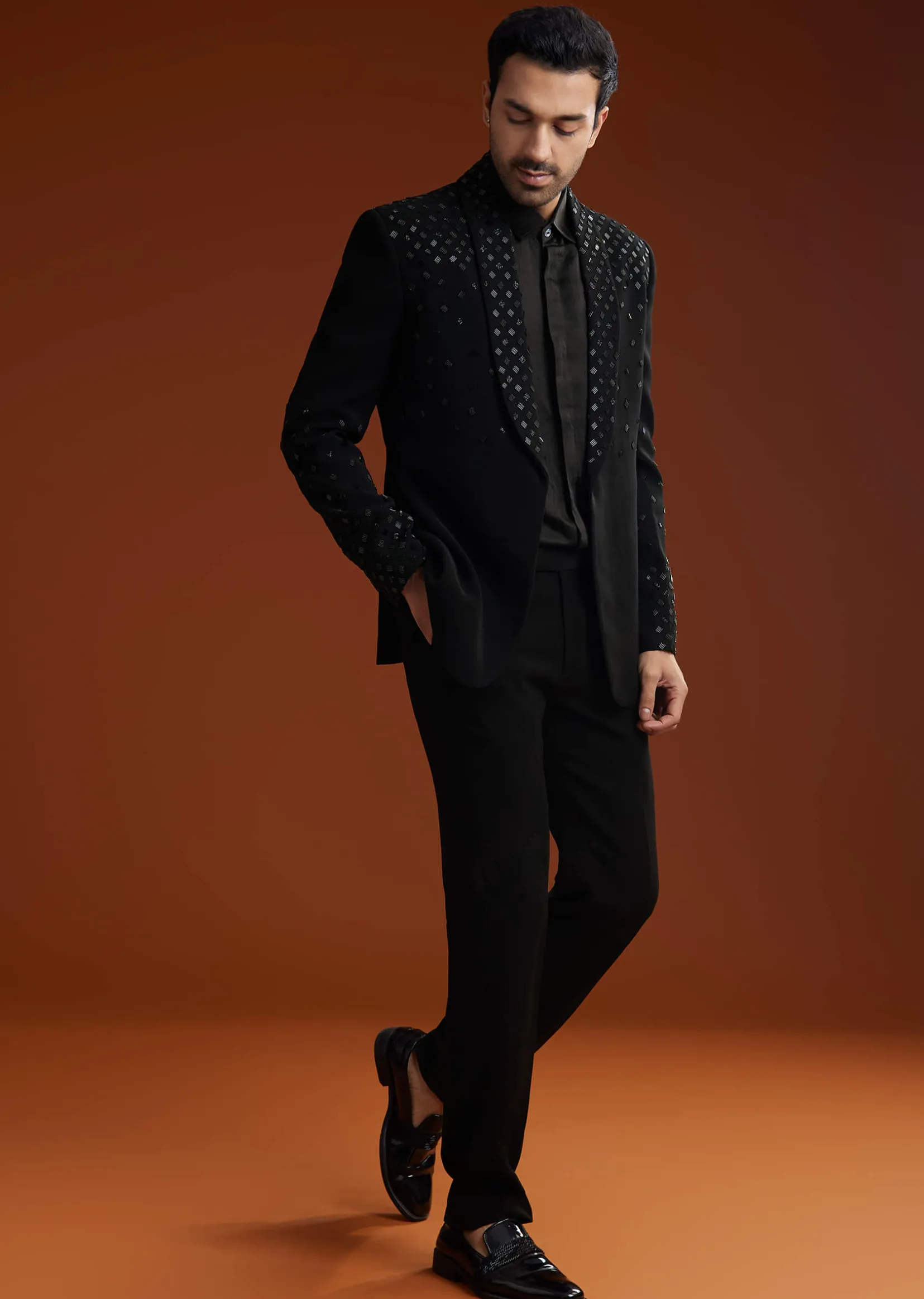 Black Cotton Satin Suit Set With Hand Embroidery