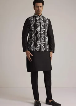 Black Cotton Silk Embroidered Jacket Kurta Set