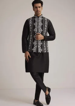 Black Cotton Silk Embroidered Jacket Kurta Set