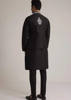 Black Cotton Silk Embroidered Jacket Kurta Set