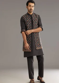 Black Cotton Silk Kurta Set With Symmetric Floral Threadwork
