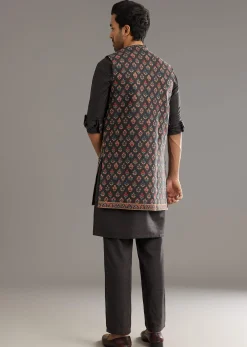 Black Cotton Silk Kurta Set With Symmetric Floral Threadwork