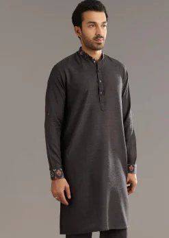 Black Cotton Silk Kurta Set With Symmetric Floral Threadwork