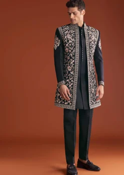 Black Cotton Silk Sherwani Suit With Floral Embroidery