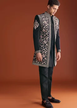 Black Cotton Silk Sherwani Suit With Floral Embroidery