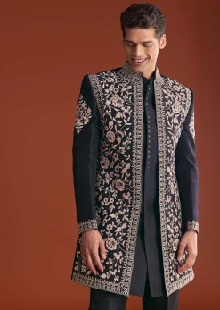 Black Cotton Silk Sherwani Suit With Floral Embroidery