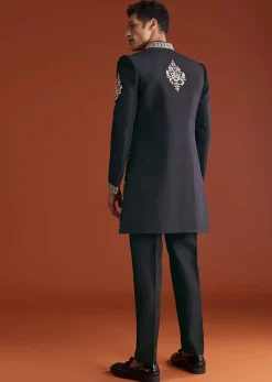 Black Cotton Silk Sherwani Suit With Floral Embroidery